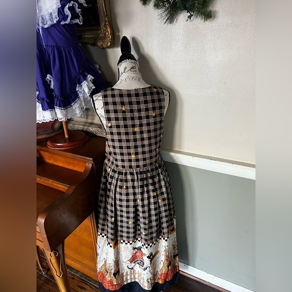 🧡 Rare Vintage Handmade Halloween Witch Black Cat Pumpkin Harvest Dress M - Picture 5 of 8